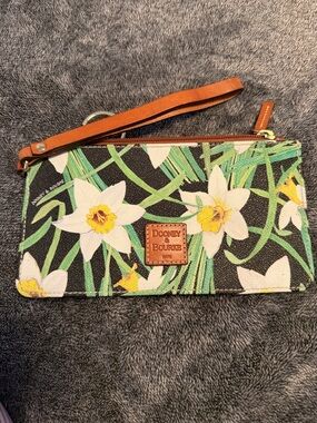 Dooney & Bourke Black Floral Daffodil Wristlet with Tan Strap